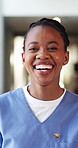 Smile, black woman and face of nurse in hospital with confidence for about us with nursing career. Happy, professional and portrait of African healthcare worker with pride for medical support job.