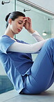 Nurse, woman and stress on clinic floor for sad news, surgery fail or disappointed with patient loss. Upset, health professional or overwhelmed in hospital for operation error, guilt and overthinking
