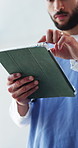Hands, man and nurse with tablet in hospital for research, medical report and test results. Male person, typing and digital with healthcare agenda, patient history and telehealth for surgery feedback