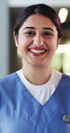 Smile, woman and face of nurse in hospital with confidence for about us with nursing career. Happy, professional and portrait of female healthcare worker with pride for medical support job in clinic.