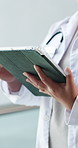 Hands, woman and doctor with tablet in hospital for research, medical report and test results. Female person, surgeon and digital with healthcare information, treatment planning and surgery feedback