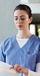 Documents, nurse and glasses with woman in hospital for healthcare report, test results and research. Medical history, paperwork and planning with person in clinic for treatment records and folder