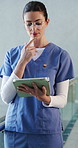 Thinking, doctor and woman with tablet, hospital and reading medical research with glasses or scroll. Clinic, healthcare professional and person with tech for treatment plan, online and reflection