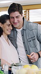 Cooking, hug and couple in kitchen with food for meal prep, healthy lunch and dinner recipe together. Home, dating and people with ingredients and vegetables for nutrition, vitamins and wellness