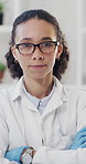 Doctor, glasses and face of woman in laboratory for vaccine engineering, healthcare expert and case study. Clinical trial, medical specialist and science with person for biochemist and research