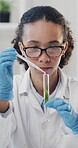 Plants, science and test tube with woman in laboratory for medical development or research. Dropper, experiment and organic sample with scientist at work for cure, herbal medicine or testing