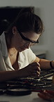 Night, computer and woman with hardware for IT maintenance, repair and diagnostics success for software. Dark, technician and person on laptop with troubleshooting for system, test and programming
