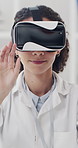 Woman, doctor and vr with headset in laboratory for futuristic interaction or development. Female person, virtual reality or medical simulation with UI for clinical trial, research or innovation