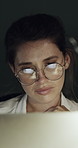 Computer, reading and business woman at night for online review, article feedback and proofreading. Creative, publishing and person with glasses for editing report, news story and research in dark