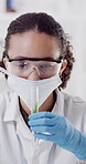 Dropper, plants and science with woman in laboratory for medical development or research. Experiment, pipette and test tube with scientist person at work for herbal medicine, organic cure or study
