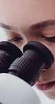 Science, microscope or woman in lab for research, gene editing testing or DNA observation for innovation. Medical experiment, genome study or scientist with investigation for pharma, cells or biotech
