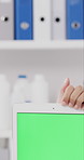 Woman, scientist and tablet with green screen in laboratory for medical advertising or marketing. Female person, doctor or showing with technology display, UI or mockup for clinic app, UX or research