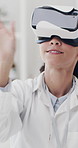 Happy woman, scientist and vr with headset in laboratory for futuristic interaction or development. Female person, virtual reality or medical simulation for clinical trial, research or innovation