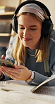 Headphones, dance or woman on bed with phone, entertainment streaming or listening to music playlist. Happy, sound track or person in house with tech, podcast or radio subscription on audio app.