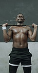 Barbell, challenge or black man in gym with deadlift, bodybuilding power or bicep growth in fitness. Endurance, weightlifting or athlete with equipment, intense workout or strength in muscle gain.