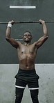 Barbell, endurance or black man in gym with deadlift, bodybuilding power or bicep curl in fitness. Challenge, weightlifting or athlete with equipment, intense workout or strength in muscle growth.