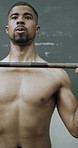 Bar, endurance or man in gym with deadlift, bodybuilding power or bicep curl in fitness. Challenge, weightlifting or athlete with equipment, intense workout or strength in muscle transformation.