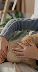 Hands, woman and hug puppies on bed for bonding together, connection and pet adoption. Dog mom, happy owner and relax with furry animals in bedroom for cuddle, domestic companion or security in home