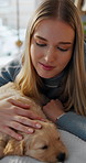 Relax, bed or woman with stroke for puppy, chill together or attention for relationship development. Animal companion, rest or happy person with dog bonding for connection, care or affection in home