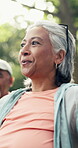 Fitness, breathe or elderly woman in park with class, aerobic exercise or workout in hobby together. Wellness, senior people or coach with bokeh, walking activity or group training in retirement.