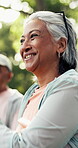 Fitness, laugh or old woman in park with class, aerobic exercise or workout in wellness hobby together. Happy, senior people or coach with bokeh, walking activity or group training in retirement.