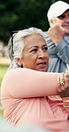 Stretching, old woman and class for fitness, park and workout routine for health, active or training. Outdoor, wellness and elderly people with balance for exercise, retirement and pilates in nature