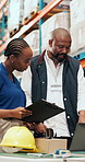 Man, woman and laptop in warehouse for logistics with shipping, inventory management or report. People, checklist meeting and discussion for storage, schedule and supply chain with quality control