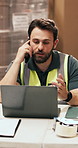 Man, laptop and phone call at warehouse for shipping with logistics, inventory management or report. Person, tech and communication for order storage, schedule and supply chain with quality control