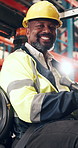 Mature man, face and forklift at warehouse for logistics, flare and inventory management career. African person, happy and driver for portrait in vehicle, loader or supply chain at plant in Nigeria