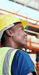 Thinking, distribution and black woman in warehouse, planning for stock management and process. Safety, person and employee in factory, inspection or decision for supply chain or solution for backlog