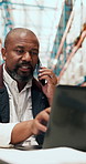 Man, laptop and phone call at warehouse for logistics with shipping, inventory management or report. Mature person, tech and communication for storage, schedule and supply chain with quality control