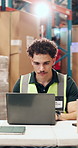 Laptop, supply chain and man in warehouse, internet for delivery agenda and connection. Person, pc and employee in factory, checklist and planning for inventory management, email and distribution