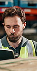 Tablet, man and logistics worker with scanner in warehouse for checking packages for shipping approval. Digital technology, quality assurance and male supply chain employee with stock management.