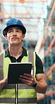 Man, inspection and tablet for logistics in storage of cargo, supply chain and inventory. Male person, walking or digital for quality assurance of warehouse, stock checklist and distribution schedule