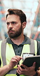 Thinking, man and tablet for logistics in warehouse with inspection, supply chain and inventory. Male person, walking and digital for quality control of storage, stock check and distribution schedule