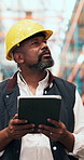 Thinking, black man and tablet for logistics of warehouse inspection, supply chain and inventory. Mature person, walk and digital for quality control of storage, stock check and distribution schedule