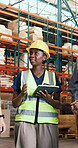 Logistics, discussion and woman with tablet, warehouse or meeting with colleagues for stock delivery. People, talking and project manager with tech for goods distribution and supply chain in factory