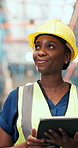 Black woman, inspection and tablet for logistics in warehouse for cargo, supply chain and inventory. Person, walking and digital for quality control of storage, stock check and distribution schedule