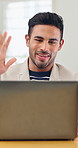 Video call, wave or man in office with laptop, networking or friendly hello in client chat. Happy, introduction or employee with tech, online meeting or report update in digital communication.