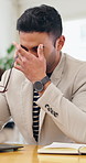 Business, headache and man in office, stress for investment deal and pain with eye strain. Person, professional and financial advisor with glasses, migraine and symptoms of exhaustion with burnout