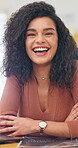 Business, woman and face with laughing for professional pride, career development or future opportunity for work. Arms crossed, employee and happiness in portrait for employment growth at company
