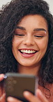 Phone, happy and businesswoman in office with texting, networking or communication on mobile app. Technology, smile and female person with cellphone for email, contact or social media in workplace.