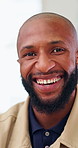 Business, black man and face with laughing for professional pride, career development or future opportunity for work. Male person, employee and happiness in portrait for employment growth at company