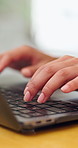 Laptop, typing and hands of businesswoman in office with research for finance report with budget. Technology, professional and female financial advisor with computer for online investment proposal.
