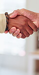 Handshake, greeting and business people in office with partnership, welcome or negotiation with finance. Agreement, support offer and financial manager shaking hands with teamwork for investment deal