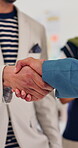Shaking hands, greeting and business people in office with partnership, welcome or negotiation with finance. Agreement, support offer and financial manager handshake with teamwork for investment deal