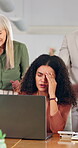 Group, stress and woman with laptop, office and frustrated with ad performance on website or online. Disappointed, people and colleagues with tech for digital marketing, discussion and campaign fail