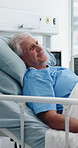 Thinking, happy and senior man in hospital with smile for good news, healing progress and results. Healthcare, reflection and elderly person rest for recovery, medical treatment and operation success