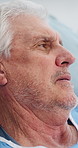 Thinking, sad and senior man in hospital bed with worry for medical results, cancer diagnosis and surgery. Healthcare, reflection and elderly person with concern for recovery, treatment and wellness