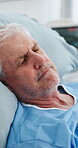 Thinking, sad and old man in hospital bed with worry for medical results, cancer diagnosis and surgery. Healthcare, reflection and elderly person with concern for recovery, treatment and wellness